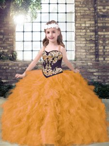 Charming Gold Little Girl Pageant Gowns Party and Wedding Party with Embroidery and Ruffles Straps Sleeveless Lace Up