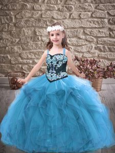 Baby Blue Little Girls Pageant Dress Wholesale Party and Wedding Party with Embroidery and Ruffles Straps Sleeveless Lace Up