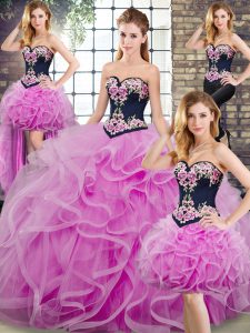 Custom Made Sweetheart Sleeveless Quinceanera Dresses Embroidery and Ruffles Sweep Train Lace Up