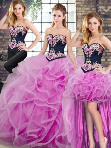 Popular Lilac Ball Gowns Tulle Sweetheart Sleeveless Embroidery and Ruffles Lace Up Quinceanera Gown Sweep Train