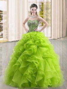 Most Popular Beading and Ruffles 15 Quinceanera Dress Yellow Green Lace Up Sleeveless Floor Length