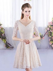 V-neck Half Sleeves Lace Up Quinceanera Dama Dress Champagne