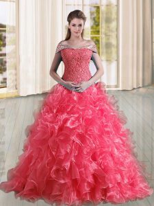 Most Popular Sleeveless Beading and Lace and Ruffles Lace Up Quinceanera Gowns with Coral Red Sweep Train