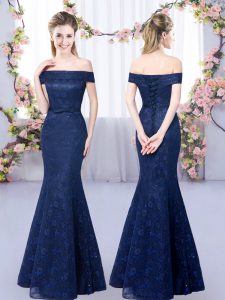 Sleeveless Floor Length Lace Up Dama Dress in Navy Blue with Lace