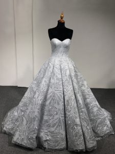 Romantic Silver Lace Up Sweet 16 Quinceanera Dress Sequins Sleeveless Floor Length