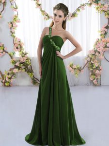 Olive Green Dama Dress for Quinceanera Chiffon Brush Train Sleeveless Beading