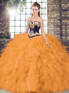 Glamorous Orange Ball Gowns Sweetheart Sleeveless Organza Floor Length Lace Up Beading and Embroidery Sweet 16 Dress