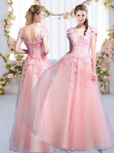 Fabulous Cap Sleeves Lace Up Floor Length Beading and Appliques Dama Dress