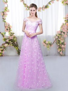 Dramatic Lilac Empire Appliques Dama Dress Lace Up Tulle Cap Sleeves Floor Length