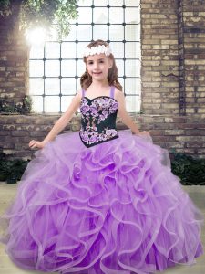 Lavender Pageant Dress Womens Party and Wedding Party with Embroidery and Ruffles Straps Sleeveless Lace Up