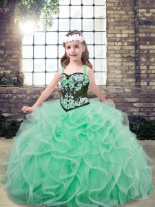 Sleeveless Tulle Floor Length Lace Up Little Girls Pageant Dress in Apple Green with Embroidery and Ruffles
