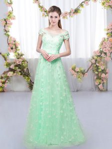 Apple Green Dama Dress Prom and Wedding Party with Appliques Off The Shoulder Cap Sleeves Lace Up