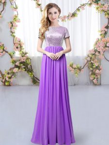 Hot Selling Scoop Short Sleeves Vestidos de Damas Floor Length Sequins Purple Chiffon