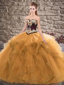 Customized Orange Tulle Lace Up Quinceanera Gowns Sleeveless Floor Length Beading and Embroidery