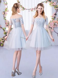 Grey A-line Tulle Off The Shoulder Short Sleeves Lace Mini Length Lace Up Quinceanera Court Dresses