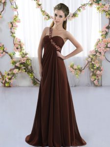 Dynamic Brown One Shoulder Lace Up Beading Quinceanera Dama Dress Brush Train Sleeveless