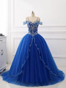 Romantic Royal Blue Ball Gowns Off The Shoulder Sleeveless Tulle Brush Train Lace Up Beading Quinceanera Gown
