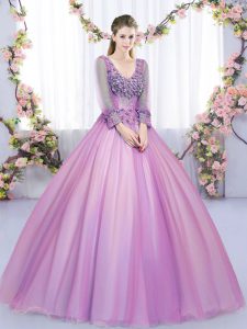 Lilac V-neck Neckline Lace and Appliques Sweet 16 Dress Long Sleeves Lace Up