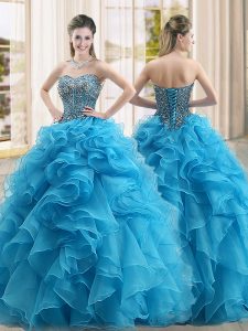 Baby Blue Quinceanera Gown Military Ball and Sweet 16 and Quinceanera with Beading and Ruffles Sweetheart Sleeveless Lace Up