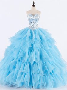 Fitting Sleeveless Floor Length Beading and Ruffles Lace Up Sweet 16 Dress with Baby Blue