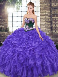 Elegant Purple Sleeveless Embroidery and Ruffles Lace Up Quinceanera Dress