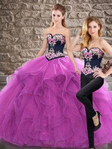 Spectacular Purple Sleeveless Embroidery and Ruffles Lace Up Quinceanera Gown