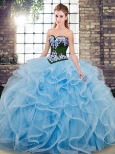 Delicate Tulle Sweetheart Sleeveless Sweep Train Lace Up Embroidery Quinceanera Gowns in Baby Blue