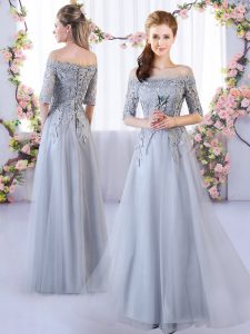 Flirting Grey Empire Tulle Off The Shoulder Half Sleeves Appliques Floor Length Lace Up Dama Dress