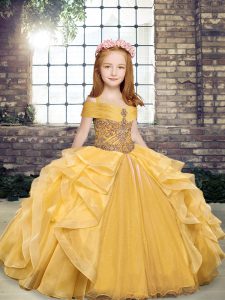 Off The Shoulder Sleeveless Glitz Pageant Dress Floor Length Beading and Ruffles Gold Organza