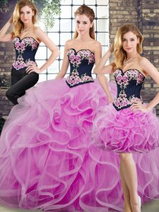 Hot Sale Lilac Quinceanera Gown Tulle Sweep Train Sleeveless Beading and Embroidery and Ruffles