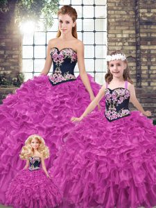 Fuchsia Lace Up Sweetheart Embroidery and Ruffles 15 Quinceanera Dress Organza Sleeveless