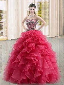 Sweetheart Sleeveless Quinceanera Dress Floor Length Beading and Ruffles Coral Red Organza