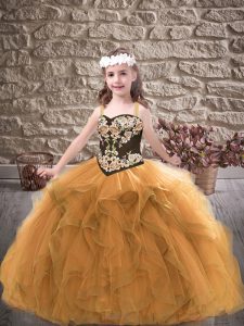 Straps Sleeveless Girls Pageant Dresses Floor Length Embroidery and Ruffles Gold Tulle