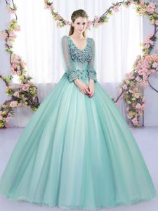 Deluxe Apple Green Tulle Lace Up V-neck Long Sleeves Floor Length Sweet 16 Dress Lace and Appliques
