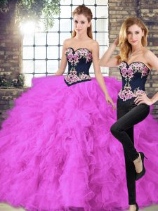 Artistic Fuchsia Tulle Lace Up Quinceanera Dresses Sleeveless Floor Length Beading and Embroidery
