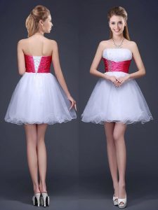 Cute Sleeveless Lace Up Mini Length Beading and Ruching and Belt Dama Dress for Quinceanera