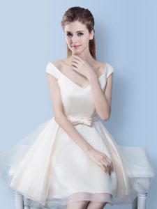 V-neck Cap Sleeves Lace Up Quinceanera Dama Dress White Tulle
