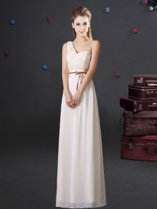 One Shoulder Floor Length White Quinceanera Court of Honor Dress Chiffon Sleeveless Lace and Appliques and Belt
