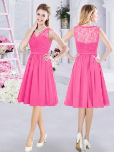 Fabulous Knee Length Side Zipper Dama Dress for Quinceanera Hot Pink for Prom and Party and Wedding Party with Lace and Ruching