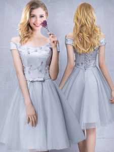 Custom Made Grey Off The Shoulder Lace Up Appliques and Belt Quinceanera Dama Dress Sleeveless