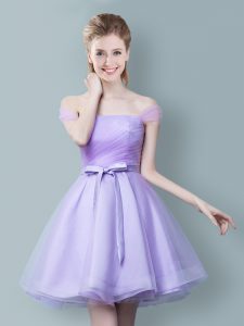 Off the Shoulder Tulle Sleeveless Knee Length Court Dresses for Sweet 16 and Ruching and Bowknot