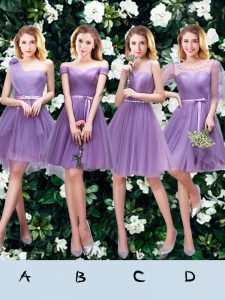 One Shoulder Beading and Appliques and Ruffles and Ruching and Belt and Hand Made Flower Dama Dress Lavender Lace Up Sleeveless Mini Length