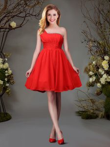 Red Chiffon Zipper One Shoulder Sleeveless Mini Length Quinceanera Court of Honor Dress Beading and Ruching