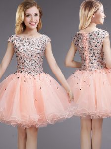 Cap Sleeves Mini Length Beading and Sequins Lace Up Dama Dress for Quinceanera with Pink