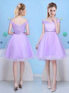 Lavender Tulle Lace Up Dama Dress Cap Sleeves Knee Length Bowknot