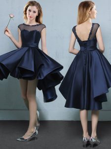 Noble Navy Blue Cap Sleeves Satin Lace Up Quinceanera Court Dresses for Prom and Party and Wedding Party
