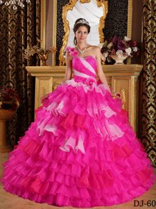 Hot Pink One Shoulder Organza Quinceanera Dress with Ruffles and Beading