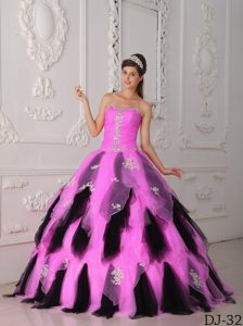2014 Pink and Black Strapless Organza Quinceanera Dresses with Appliques
