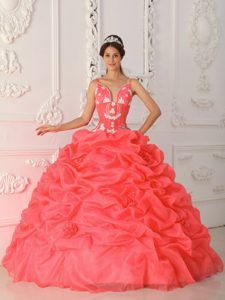New Straps Satin and Organza Quinceanera Dress with Appliques and Pick-up