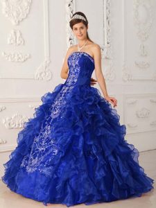 Royal Blue Strapless Satin and Organza Quinceanera Dresses with Embroidery